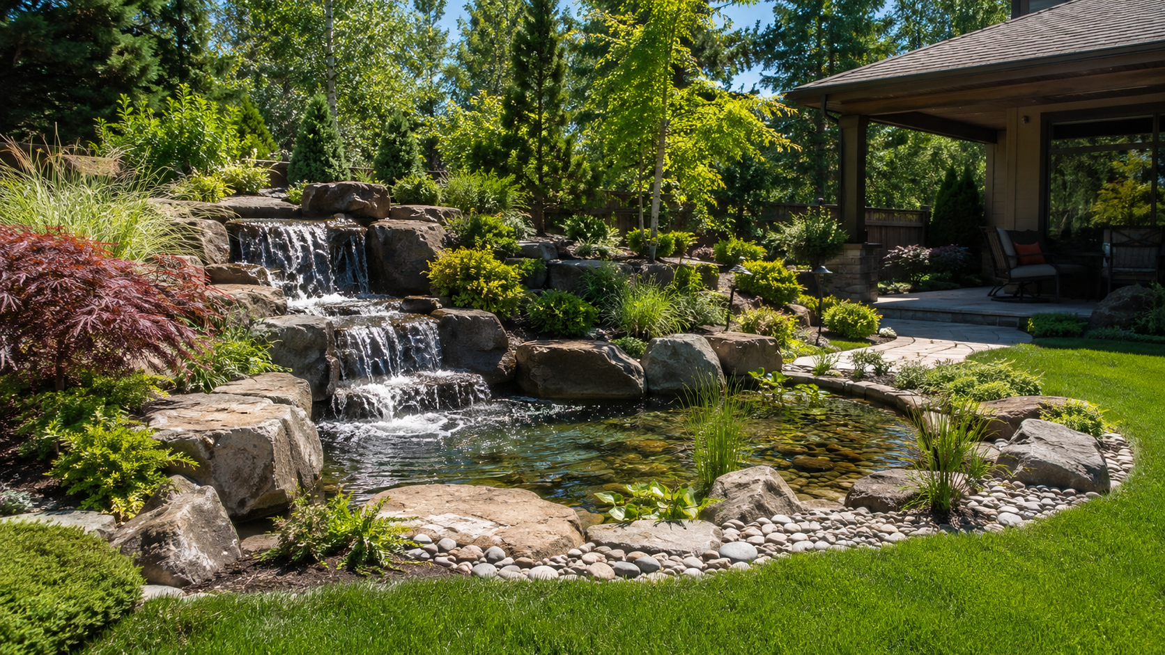 Layered backyard landscaping with stone, water, and dense planting